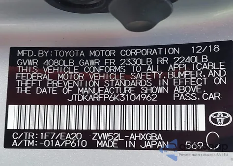 2019 Toyota Prius Prime Advanced z USA, uszkodzony, nr VIN JTDKARFP6K3104962